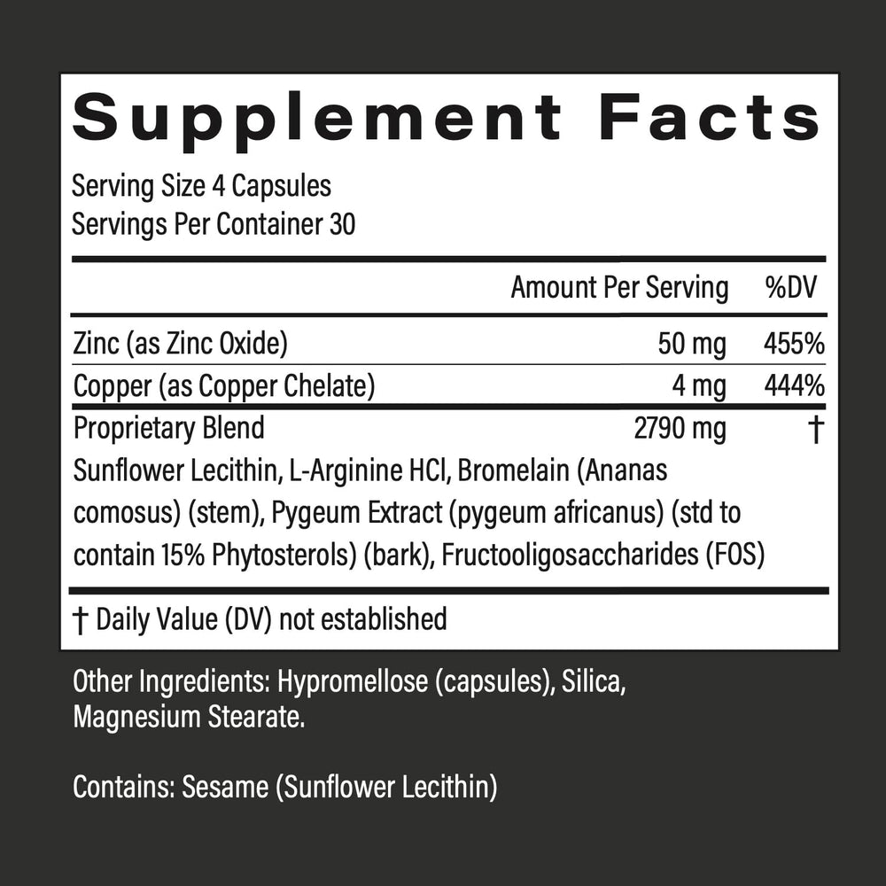 Ingredients list featuring Bromelain, Pygeum, Lecithin, Zinc, and L-Arginine
