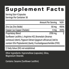 Ingredients list featuring Bromelain, Pygeum, Lecithin, Zinc, and L-Arginine