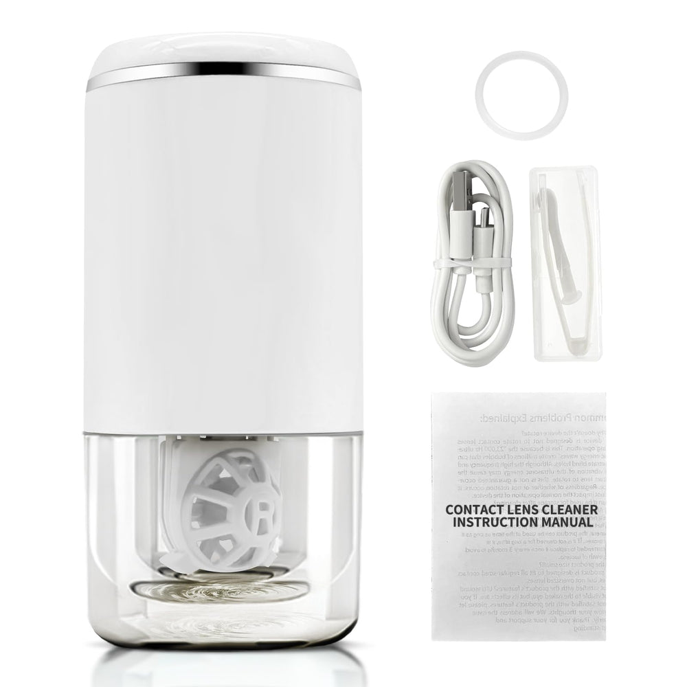 Front view of portable ivory white contact lens cleaner