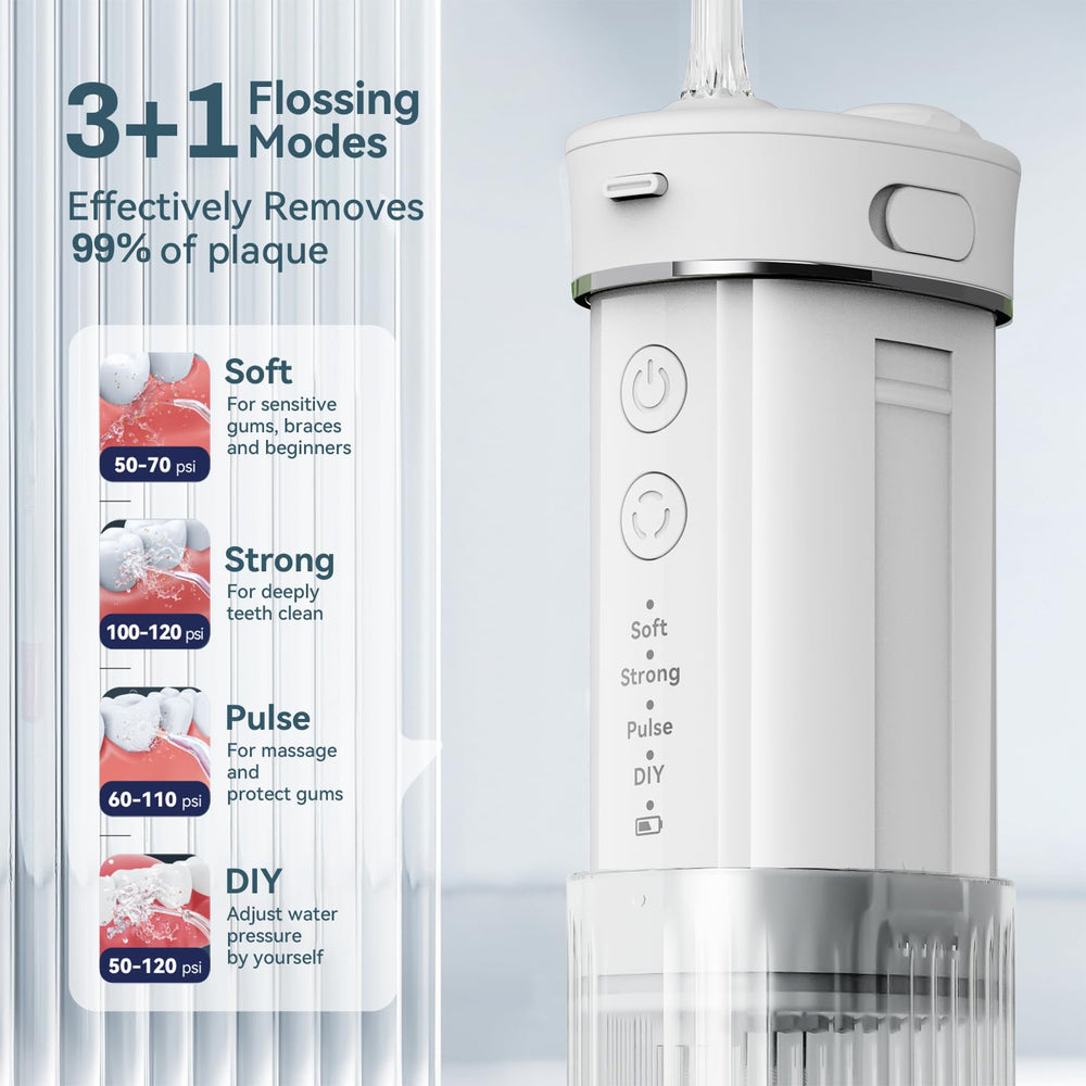 Cordless water flosser showing 230ml telescopic reservoir