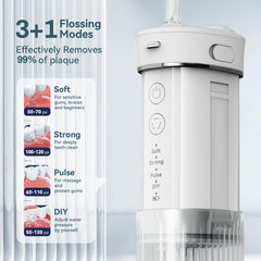 Cordless water flosser showing 230ml telescopic reservoir