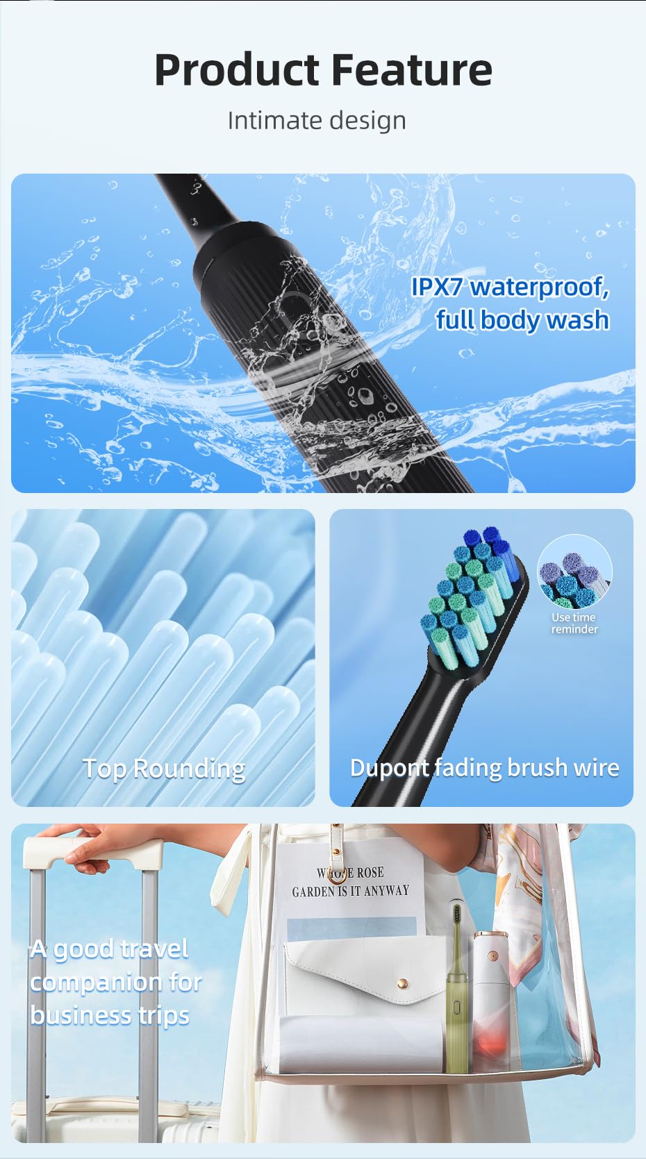 LED charging indicator on pink travel toothbrush