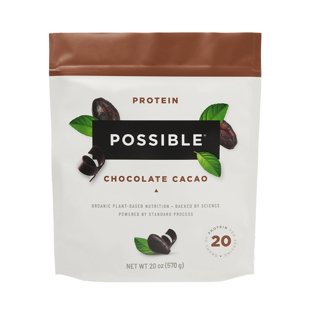 Possible protein powder chocolate cacao bag highlighting 20g vegan protein per serving for energy