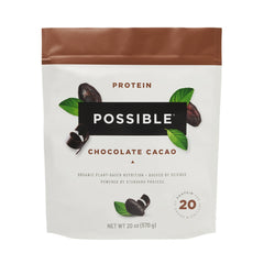 Possible protein powder chocolate cacao bag highlighting 20g vegan protein per serving for energy