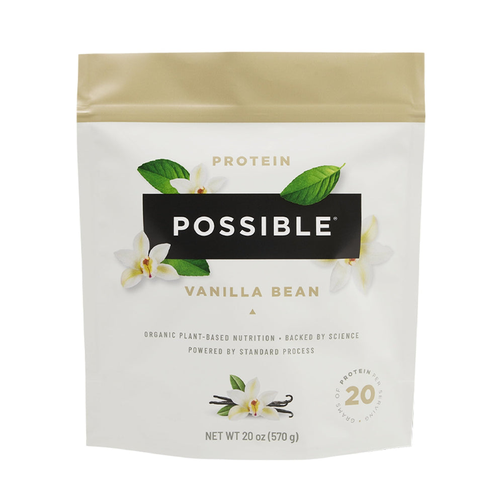 Possible protein powder vanilla bean bag ready for on-the-go use.