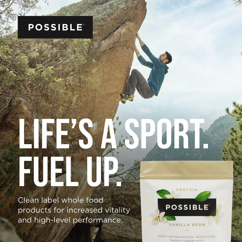 Possible protein powder vanilla bean serving cup ready to mix with liquid.