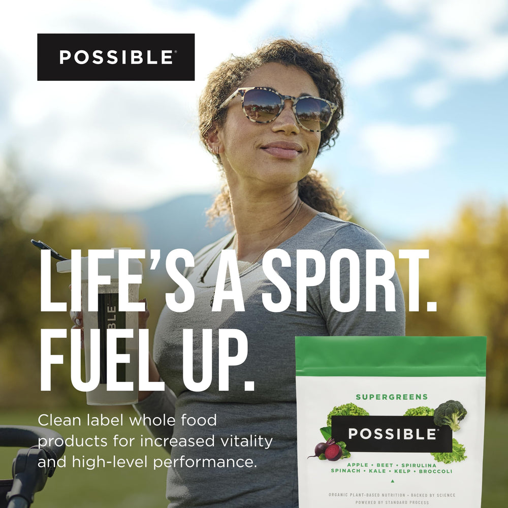 Packaging and 30 servings label for Possible SuperGreens