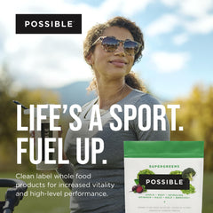 Packaging and 30 servings label for Possible SuperGreens
