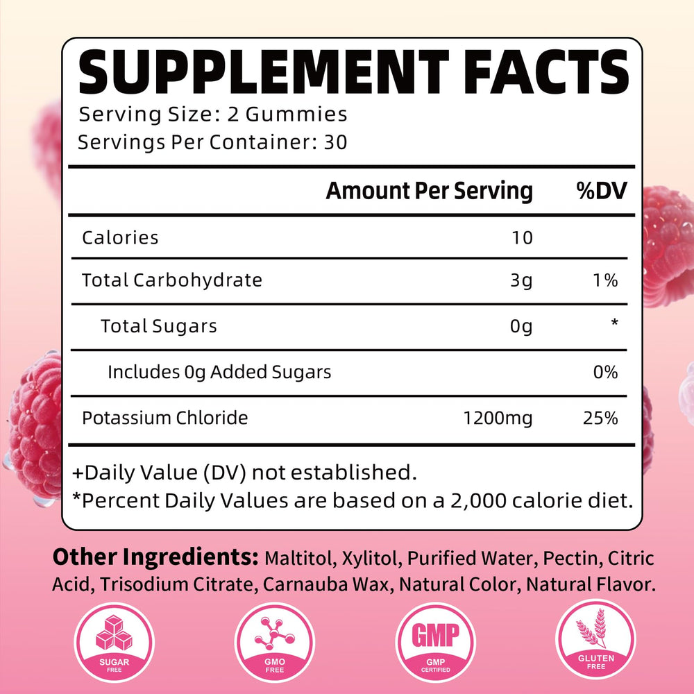 Close up of Raspberry Potassium Gummies label