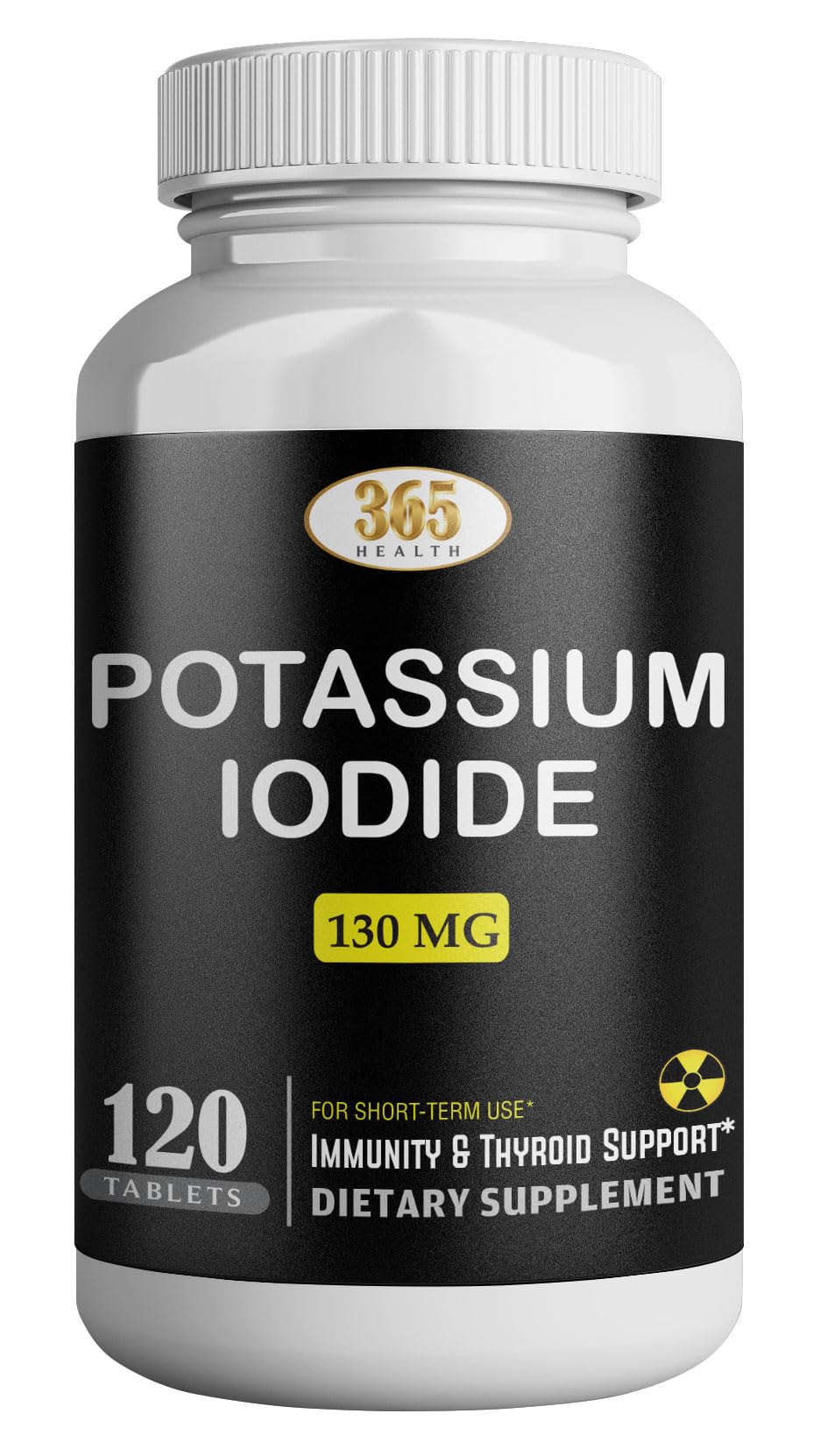 Front view of potassium iodide 130 mg KI tablets bottle