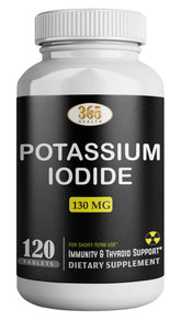 Front view of potassium iodide 130 mg KI tablets bottle