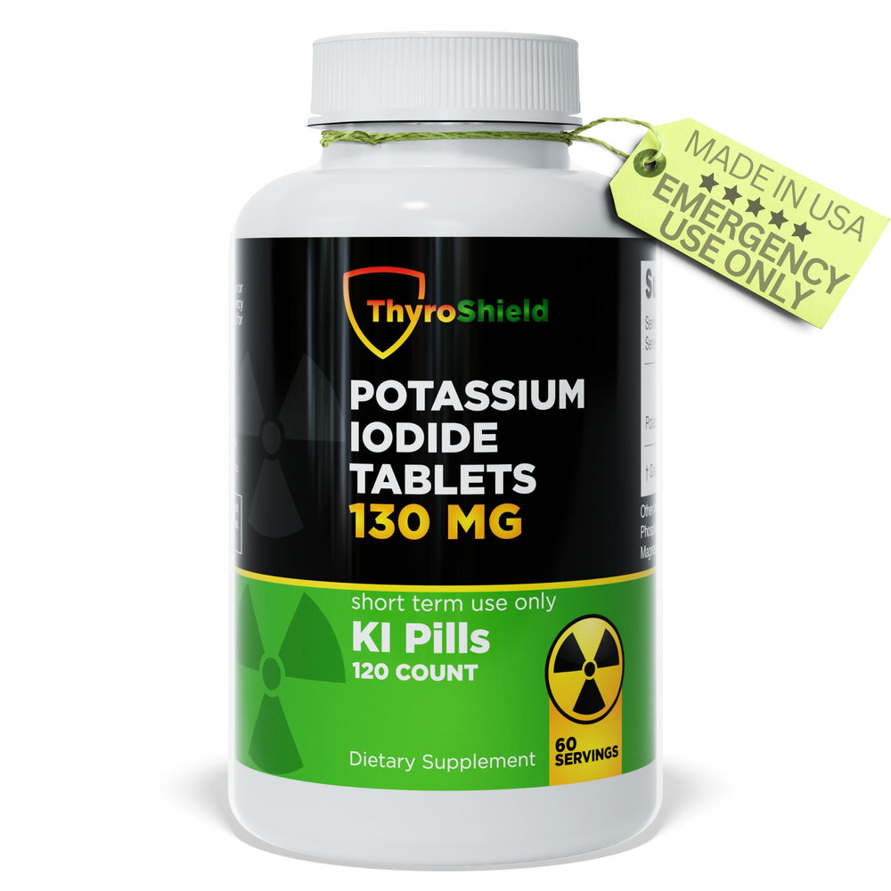 Close-up of potassium iodide tablets 130 mg in a bottle (120 count).