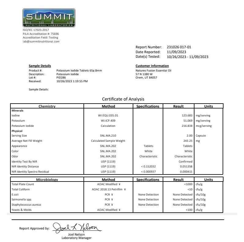 USP-grade potassium iodide crystals with lab testing seal