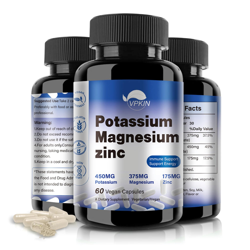 Bottle of Potassium Magnesium Zinc supplement with 60 vegan capsules