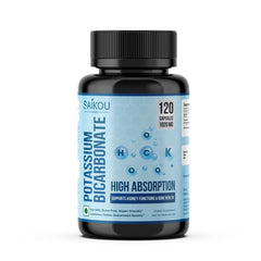 Potassium supplement bottle label highlighting 1020mg high absorption formula