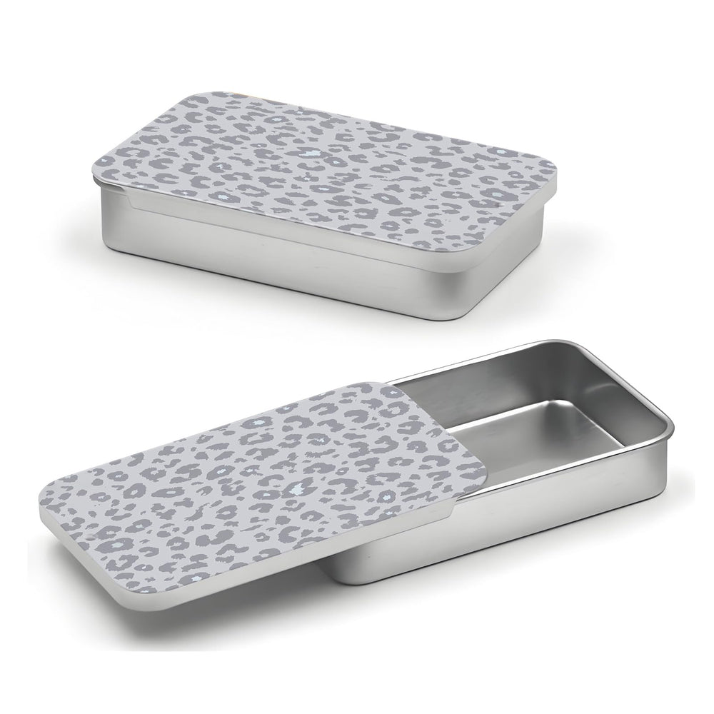 POTYHDC portable dental floss case in grey leopard pattern with sliding lid