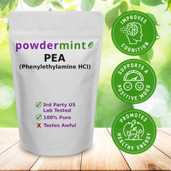 powdermint Phenylethylamine Beta Pea bottle ready for focused moments.