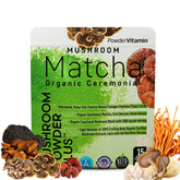 PowderVitamin ceremonial mushroom matcha blend in a scoop