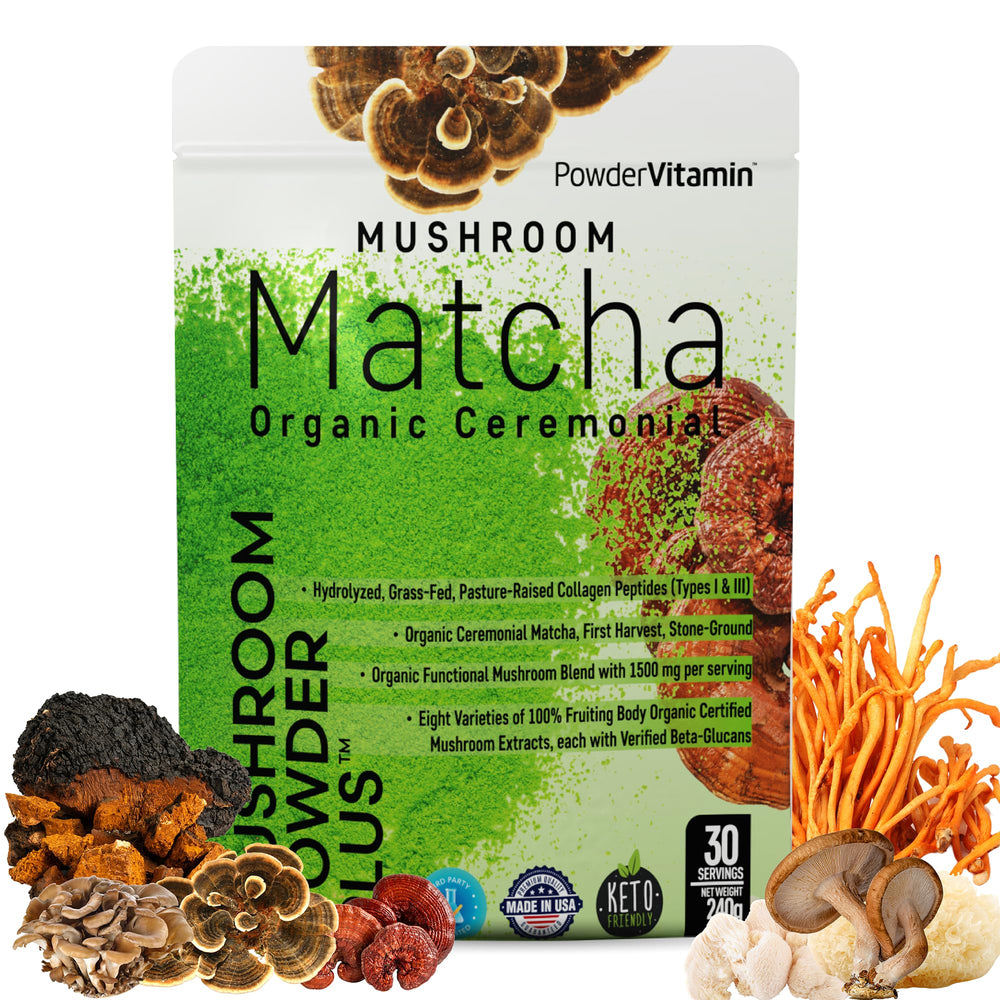 Front view of PowderVitamin Organic Ceremonial Mushroom Matcha packaging