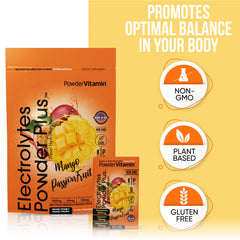 PowderVitamin Electrolytes Keto Mango Passionfruit in a glass with ice showing hydration and flavor.