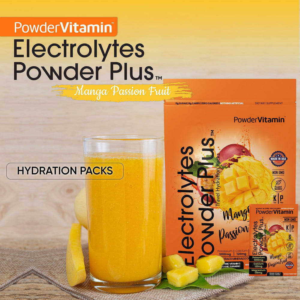 PowderVitamin Electrolytes Keto Mango Passionfruit dissolving in water for refreshing sugar-free hydration.