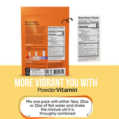 PowderVitamin Electrolytes Keto Mango Passionfruit scoop pouring into water for easy preparation.