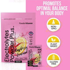 PowderVitamin Electrolytes Plus being stirred into water for refreshing hydration.