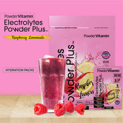 PowderVitamin Electrolytes Plus packets laid out for travel hydration.