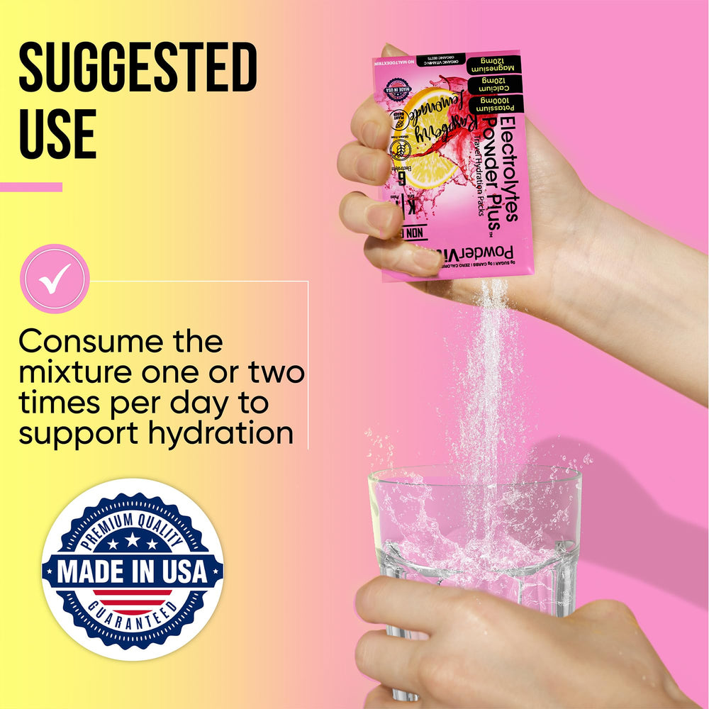 PowderVitamin Electrolytes Plus bottle highlights 1000mg potassium.