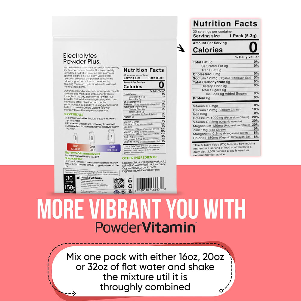 PowderVitamin electrolytes watermelon packet dissolving into water for a sugar-free boost.
