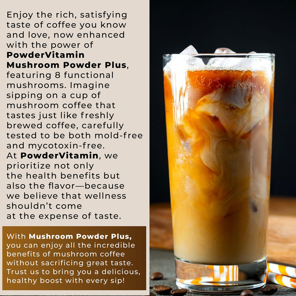 Cup of PowderVitamin Organic Mushroom Coffee with foam and mushroom imagery