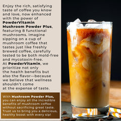 Cup of PowderVitamin Organic Mushroom Coffee with foam and mushroom imagery