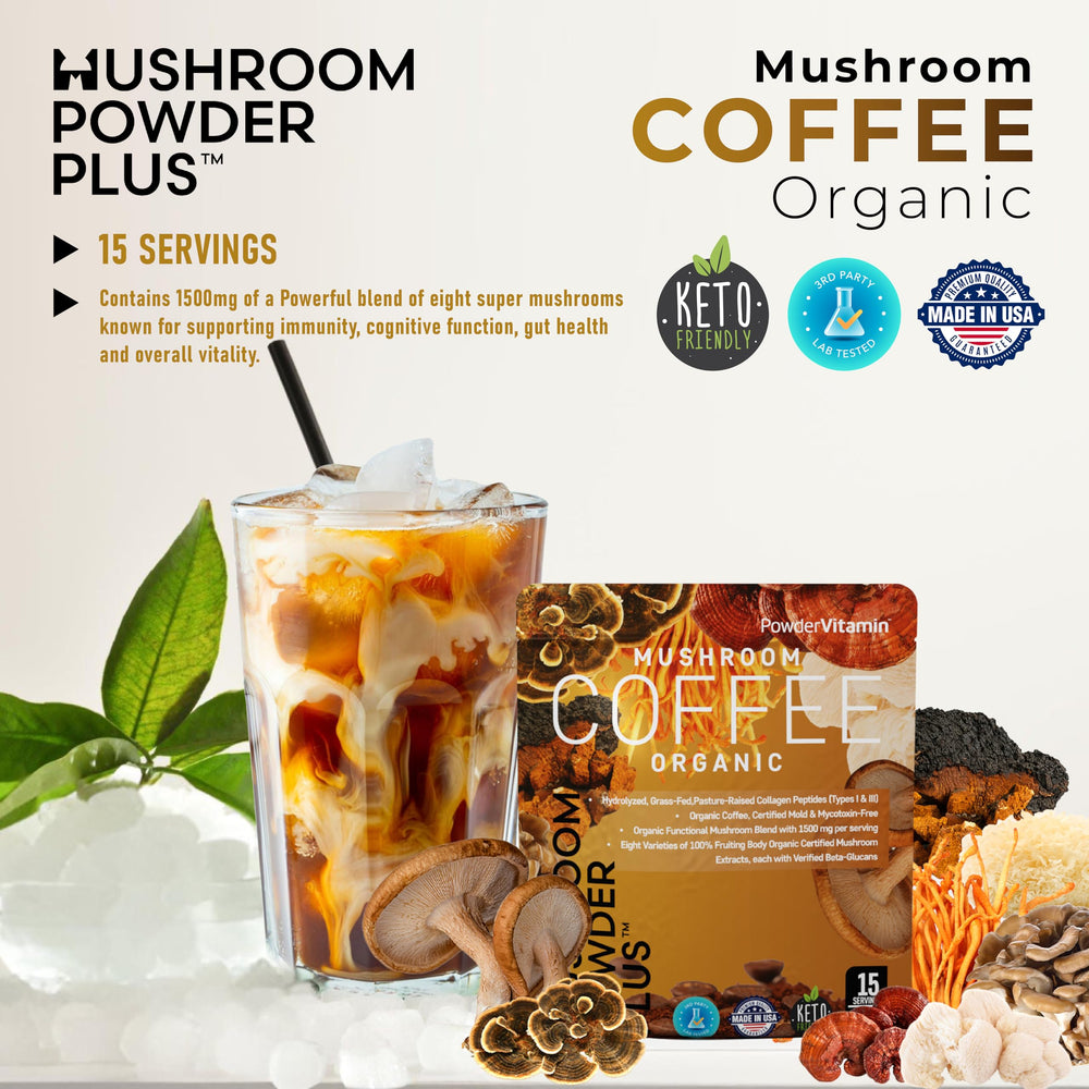 Close-up of coffee with mushroom ingredients stirred
