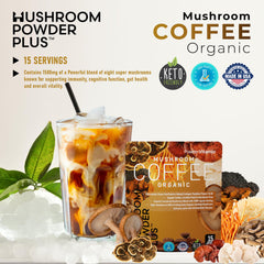 Close-up of coffee with mushroom ingredients stirred