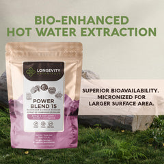 Assorted mushroom species in Power 15 blend: Lion's Mane, Turkey Tail, Cordyceps, Reishi, Chaga, Tremella