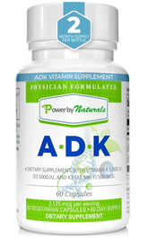 Power By Naturals ADK vitamin supplement bottle with 60 capsules.