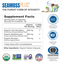 Sea Moss Plus ingredients: Irish sea moss, bladderwrack, burdock root