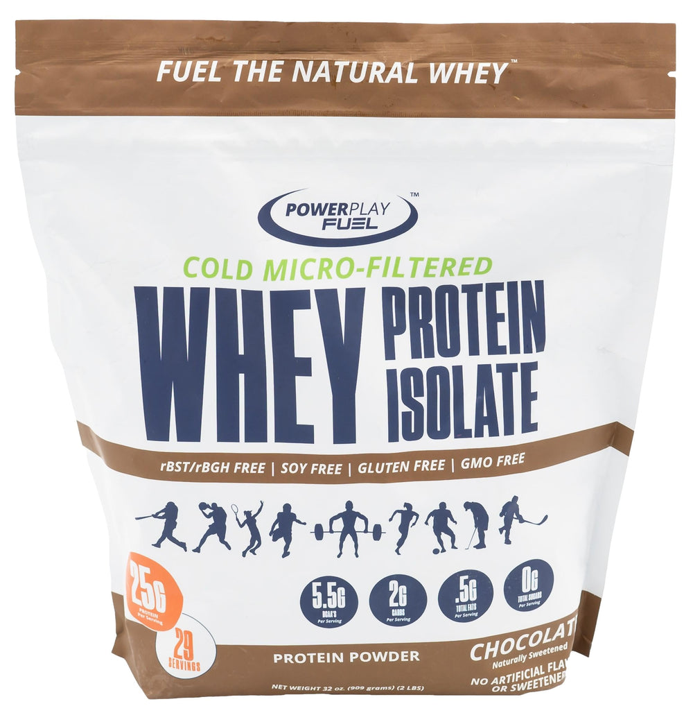 POWER PLAY FUEL chocolate whey isolate canister offers fast-absorbing protein for post-workout recovery.