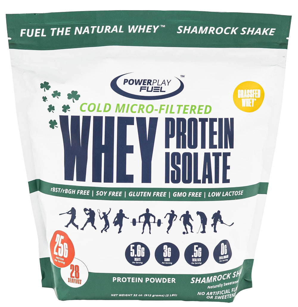 POWER PLAY FUEL Shamrock Shake tub front highlights high-protein, low-sugar nutrition for workouts.