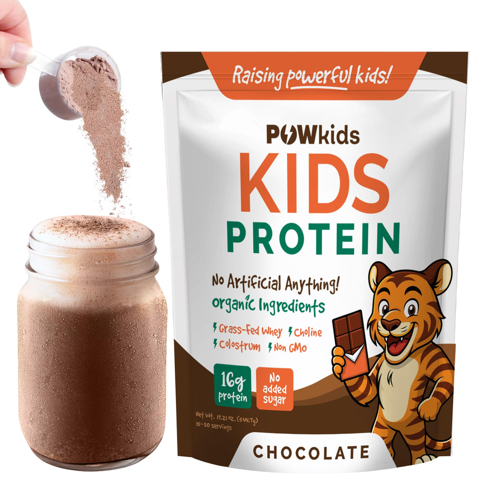 POWkids chocolate protein shake bottle shows kid-friendly nutrition for active afternoons.