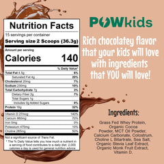 POWkids chocolate protein shake canister highlights organic ingredients for wholesome snacking.