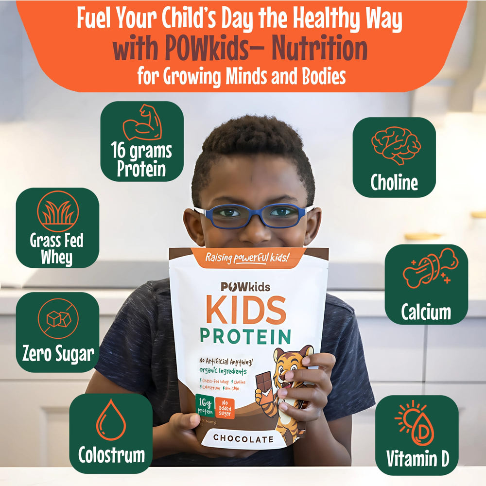 POWkids chocolate shake ingredients panel hints at clean, zero added sugar nutrition.