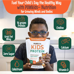 POWkids chocolate shake ingredients panel hints at clean, zero added sugar nutrition.