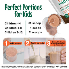 POWkids chocolate shake label notes calcium and choline for bone and brain development support.