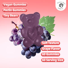 Grapes and gummies beside bottle highlighting flavor