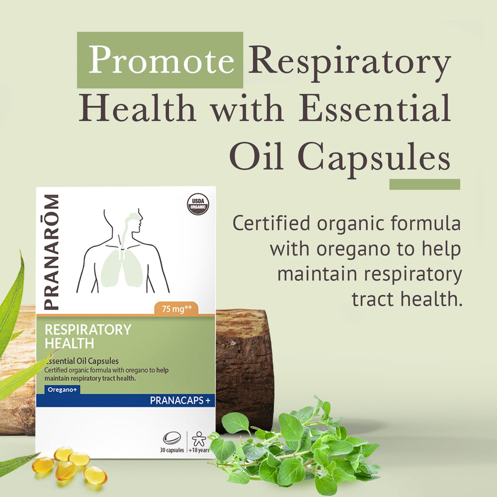 Close-up of Pranarom Pranacaps capsules containing oregano and lemon essential oils