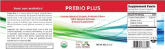 Label highlighting vegan, gluten-free, and non-GMO attributes for Prebio Plus 8 oz pouch