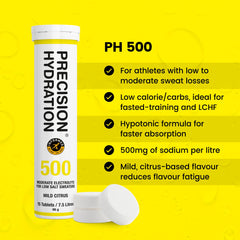 Precision Hydration tablets dissolving in water, highlighting quick fizz and refreshing hydration.