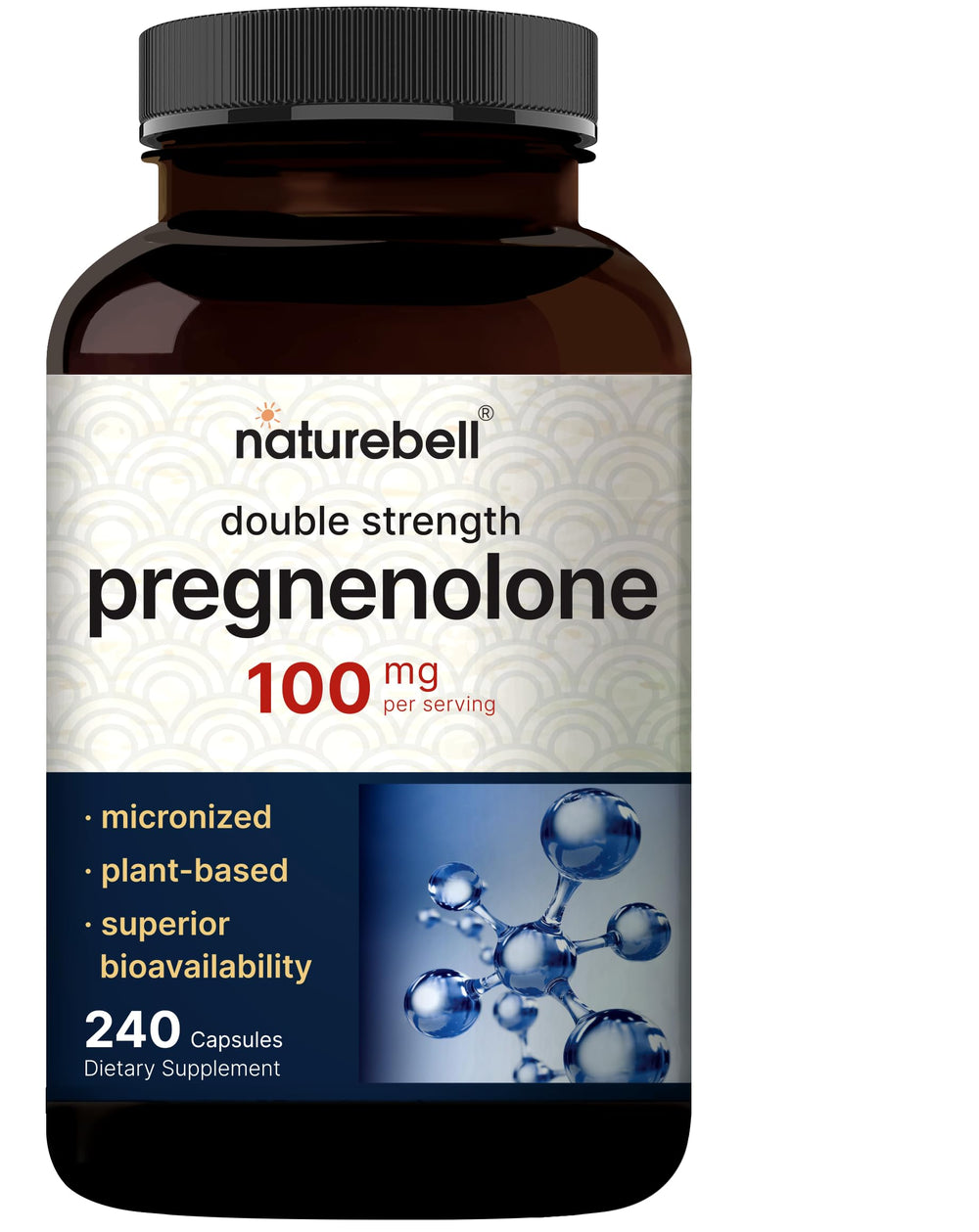 Front view of Pregnenolone 100mg bottle with 240 capsules