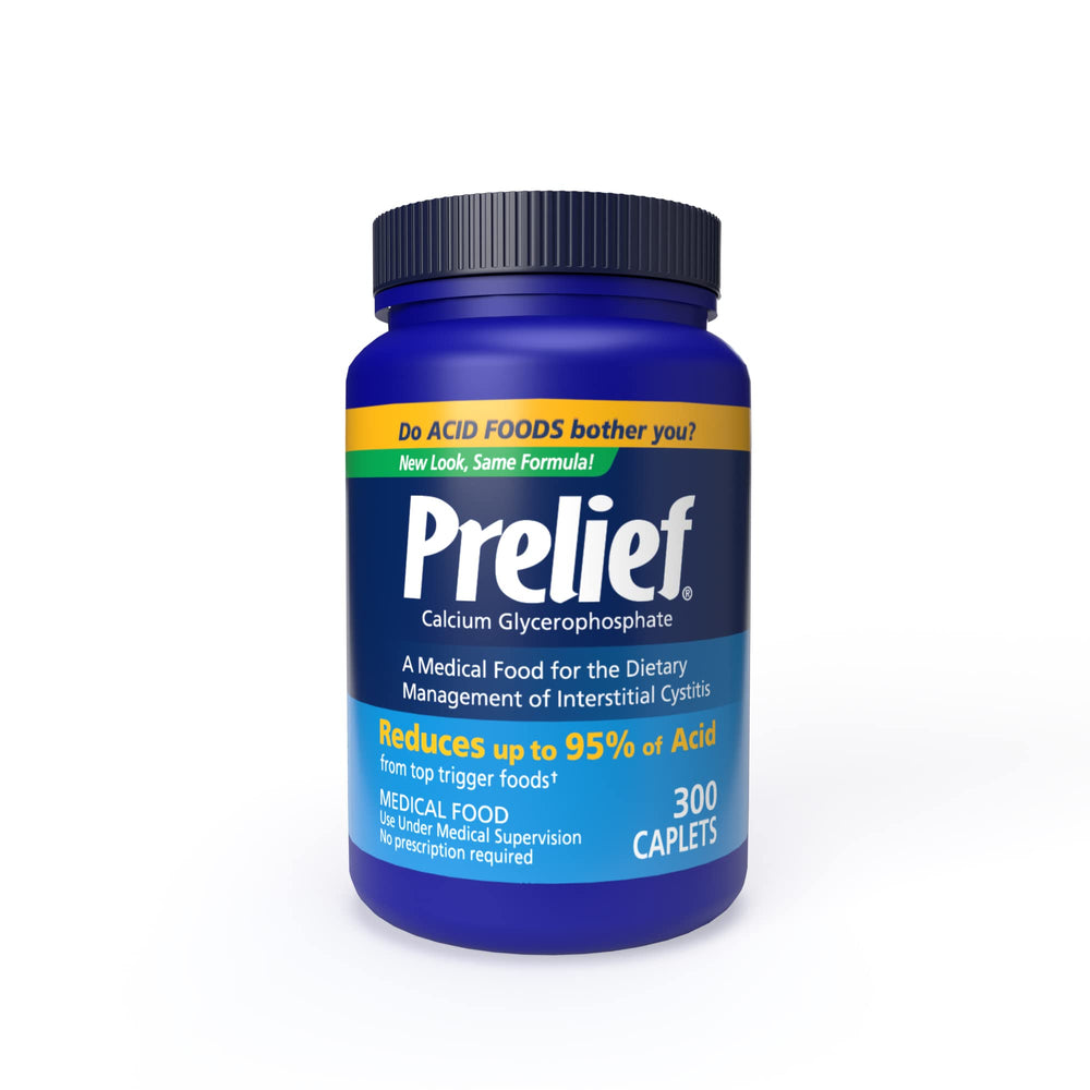 Prelief acid reducer caplets bottle front showing 300-count package for digestive comfort